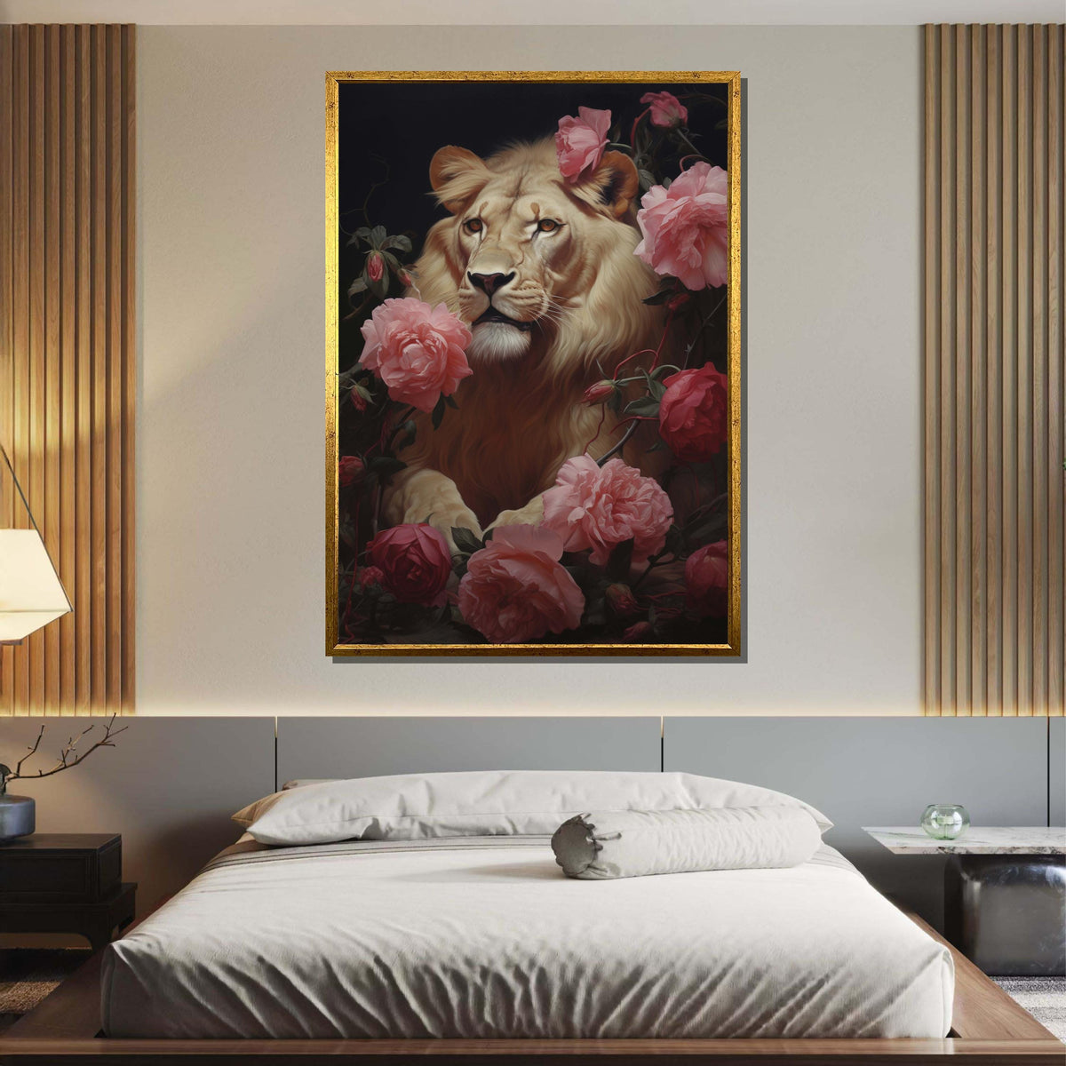 Majestic Lion with Roses Canvas,Elegant Floral Lion Art,Wild Nature Wall Decor, Lion Portrait with Flowers, Regal Animal Print,Ready to Hang