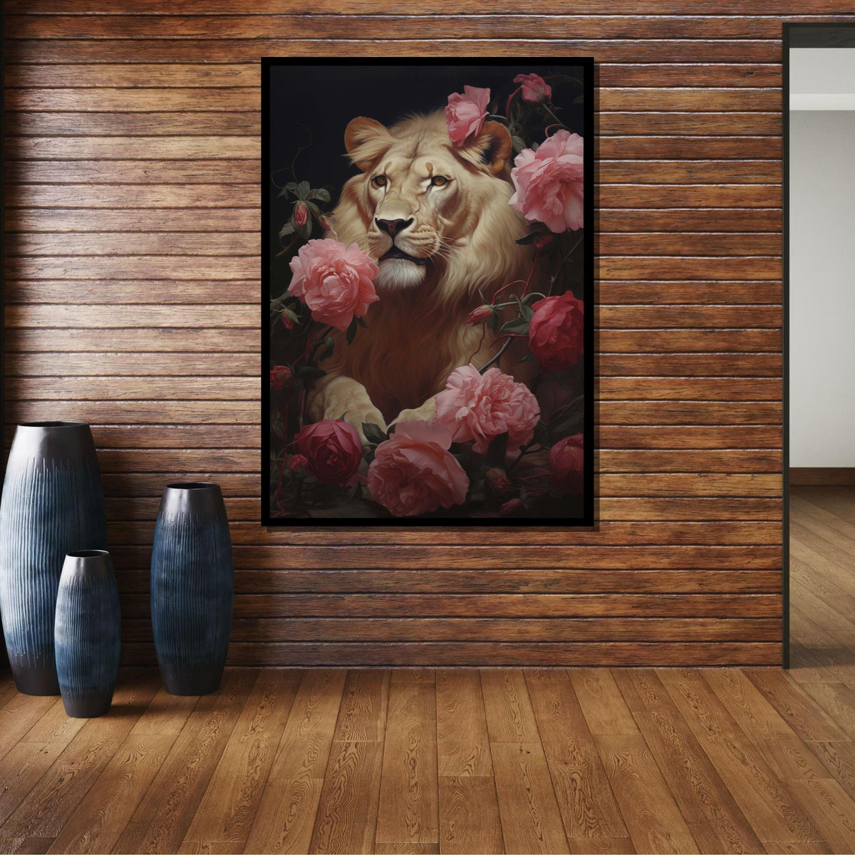 Majestic Lion with Roses Canvas,Elegant Floral Lion Art,Wild Nature Wall Decor, Lion Portrait with Flowers, Regal Animal Print,Ready to Hang