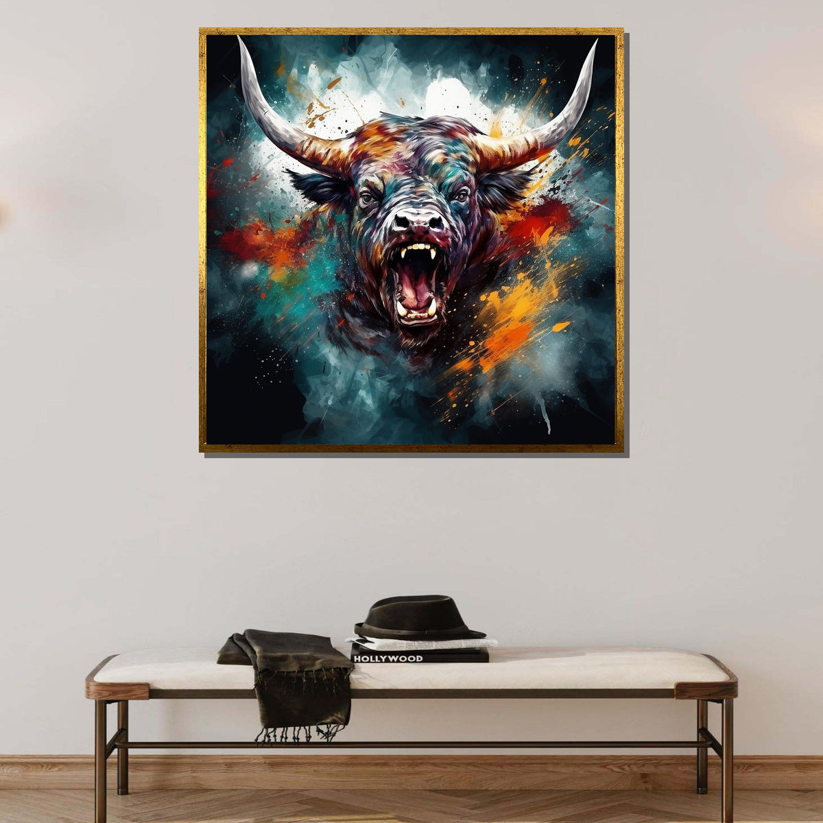 Bull Canvas Art, Intense Bull Wall Decor,Dynamic Animal Painting,Animal Decor,Fiery Bull Portrait, PowerfulBull Artwork,Ready to Hang Canvas