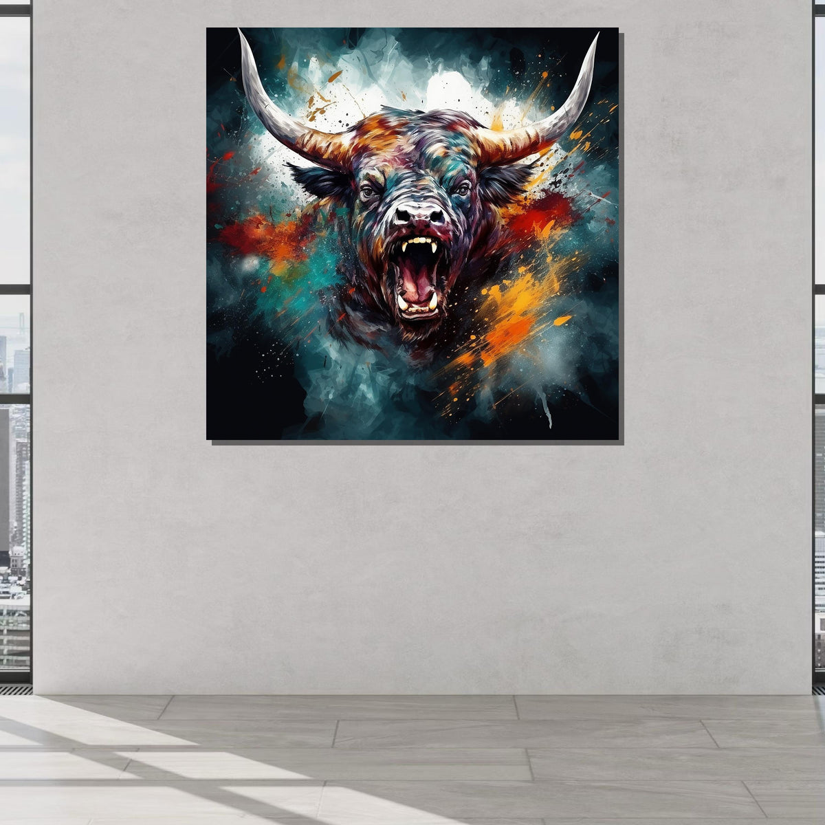 Bull Canvas Art, Intense Bull Wall Decor,Dynamic Animal Painting,Animal Decor,Fiery Bull Portrait, PowerfulBull Artwork,Ready to Hang Canvas