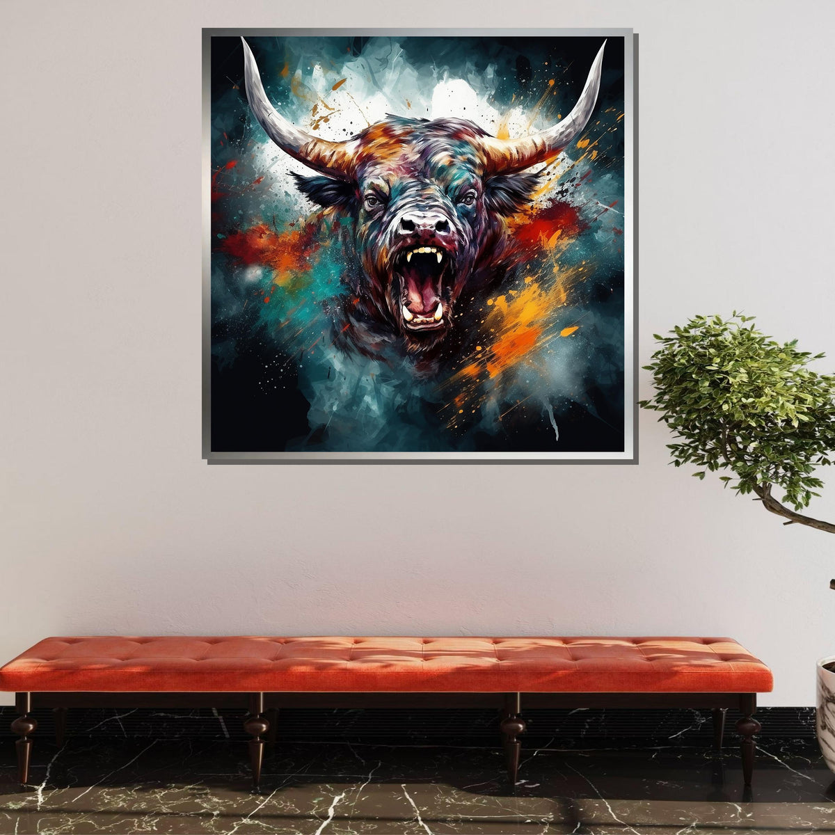 Bull Canvas Art, Intense Bull Wall Decor,Dynamic Animal Painting,Animal Decor,Fiery Bull Portrait, PowerfulBull Artwork,Ready to Hang Canvas