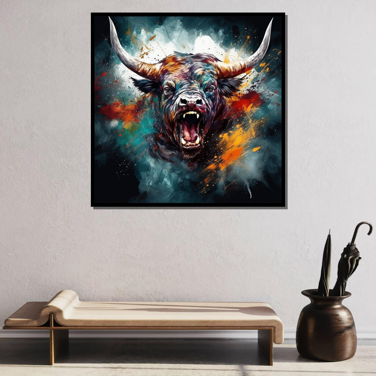 Bull Canvas Art, Intense Bull Wall Decor,Dynamic Animal Painting,Animal Decor,Fiery Bull Portrait, PowerfulBull Artwork,Ready to Hang Canvas