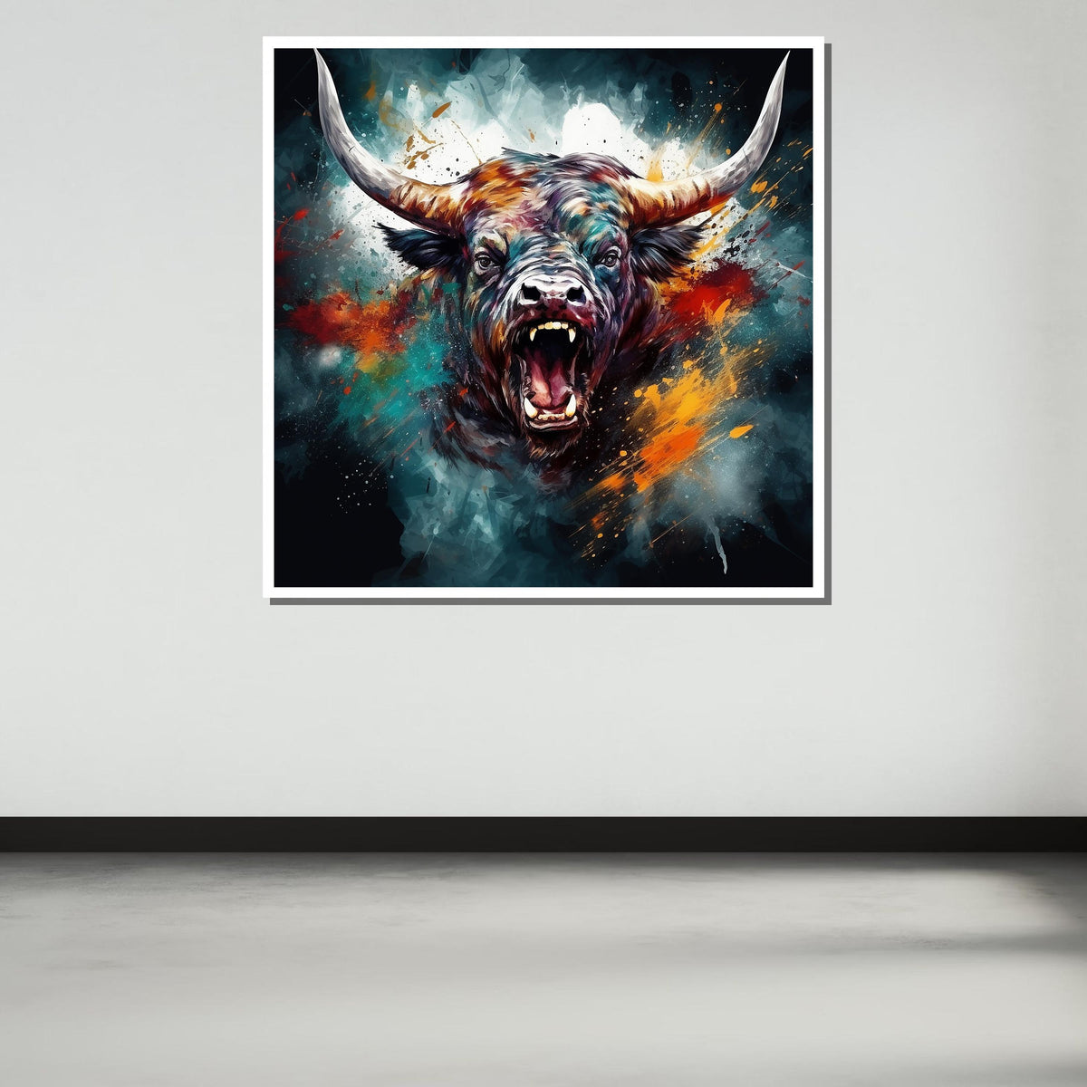 Bull Canvas Art, Intense Bull Wall Decor,Dynamic Animal Painting,Animal Decor,Fiery Bull Portrait, PowerfulBull Artwork,Ready to Hang Canvas