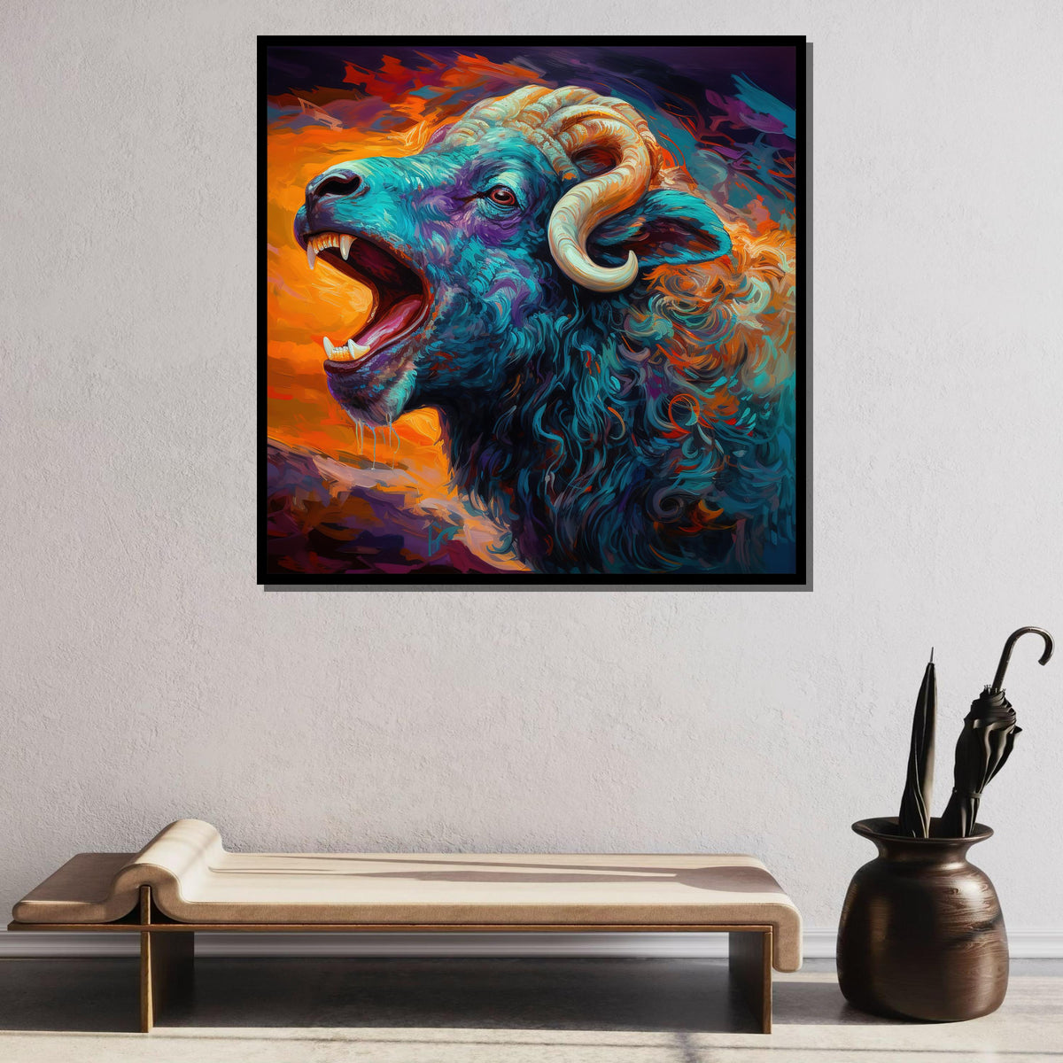 Vibrant Ram Canvas Art, Fierce Animal Portrait, Colorful Wildlife Wall Decor, Abstract Ram Painting, Bold Nature Art,Ready to Hang Canvas