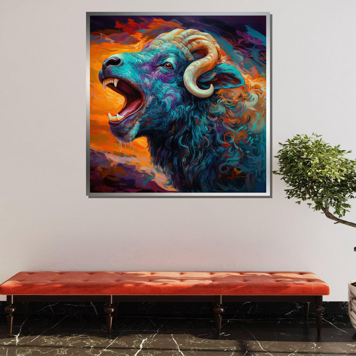 Vibrant Ram Canvas Art, Fierce Animal Portrait, Colorful Wildlife Wall Decor, Abstract Ram Painting, Bold Nature Art,Ready to Hang Canvas