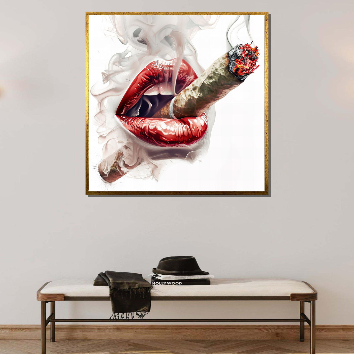 Sensual Lips and Cigar Canvas Art, Erotic Smoke Wall Decor, Bold Sexy Art Print, Red Lips Smoking Poster, Modern Seductive Artwork