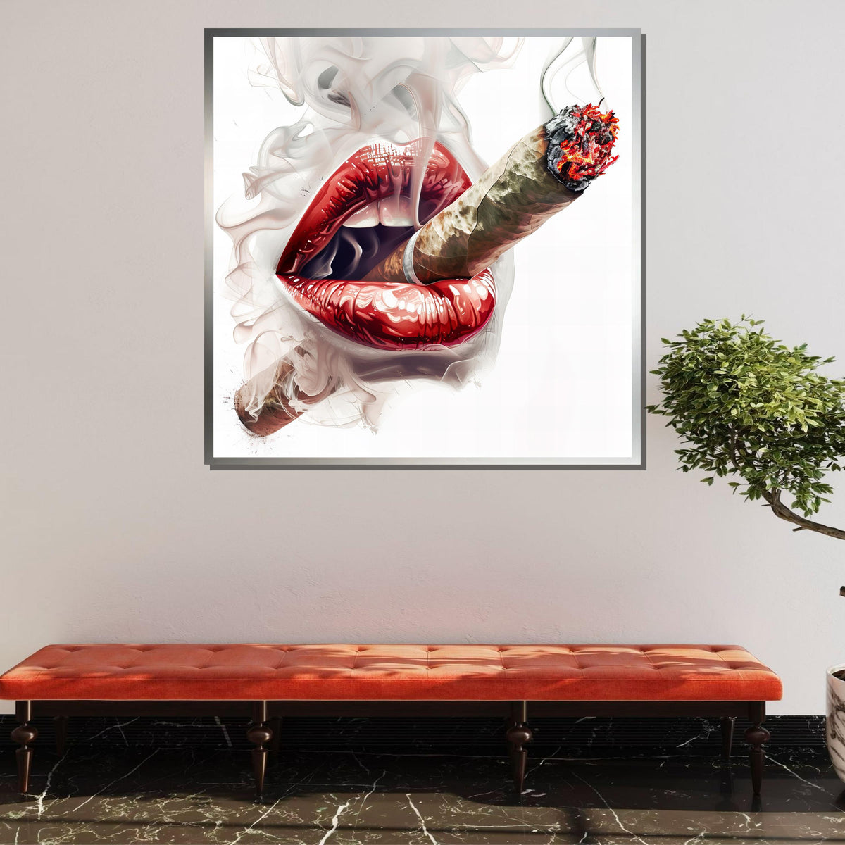 Sensual Lips and Cigar Canvas Art, Erotic Smoke Wall Decor, Bold Sexy Art Print, Red Lips Smoking Poster, Modern Seductive Artwork