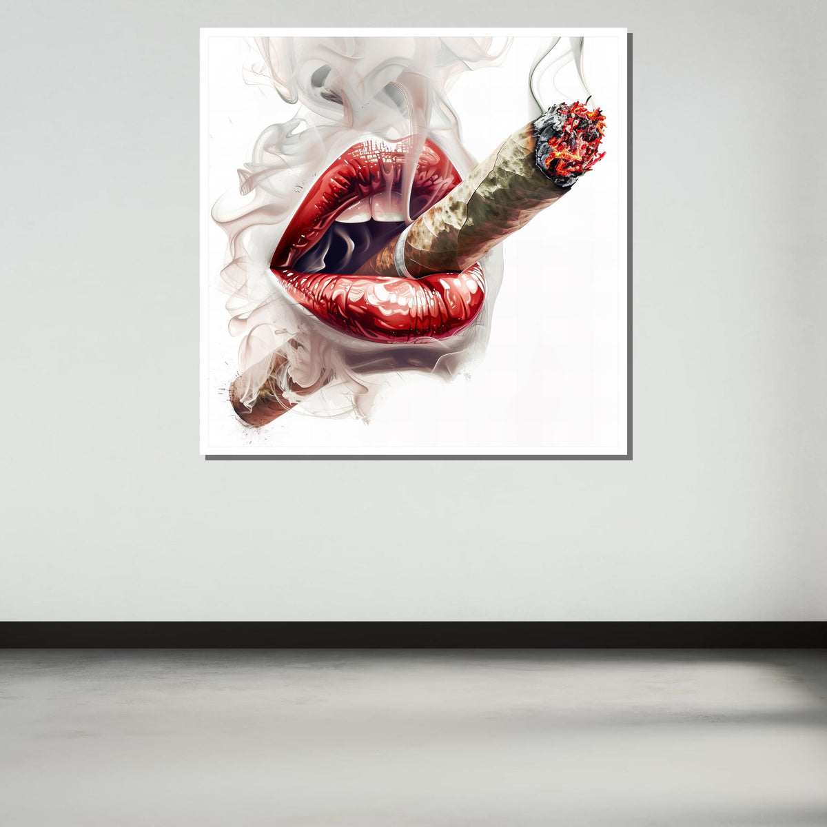 Sensual Lips and Cigar Canvas Art, Erotic Smoke Wall Decor, Bold Sexy Art Print, Red Lips Smoking Poster, Modern Seductive Artwork