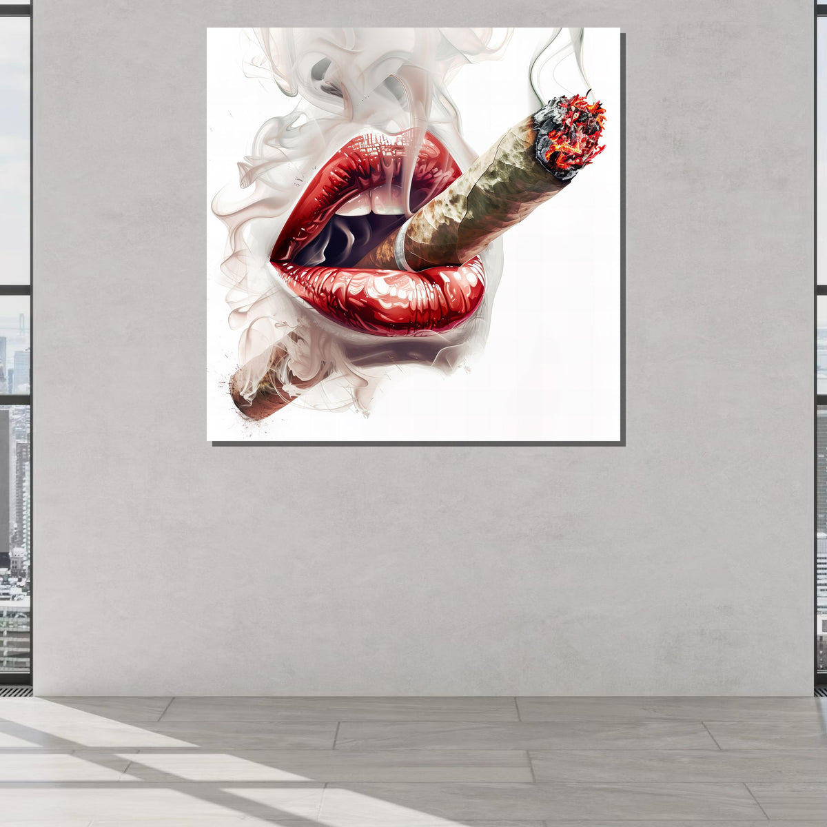 Sensual Lips and Cigar Canvas Art, Erotic Smoke Wall Decor, Bold Sexy Art Print, Red Lips Smoking Poster, Modern Seductive Artwork