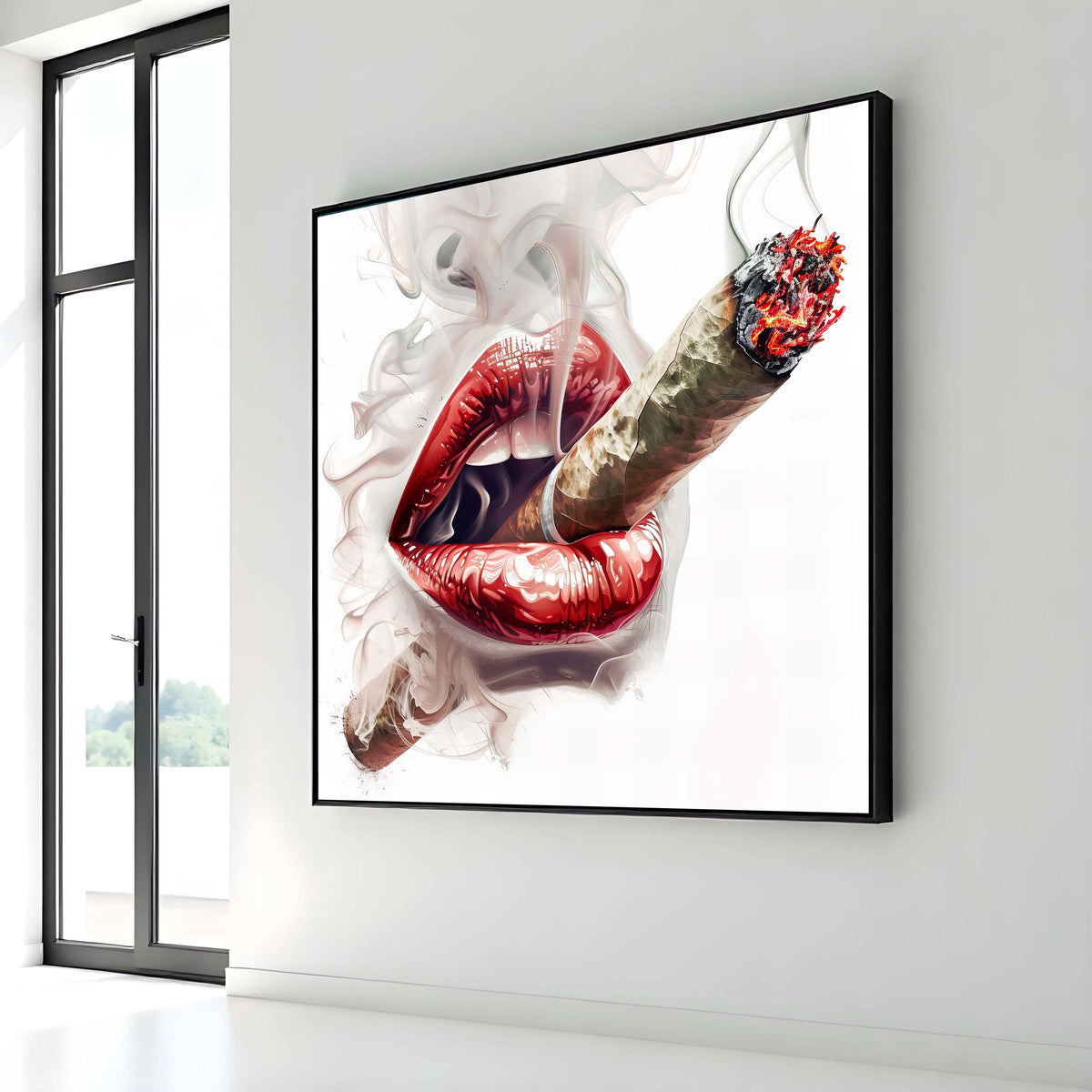 Sensual Lips and Cigar Canvas Art, Erotic Smoke Wall Decor, Bold Sexy Art Print, Red Lips Smoking Poster, Modern Seductive Artwork