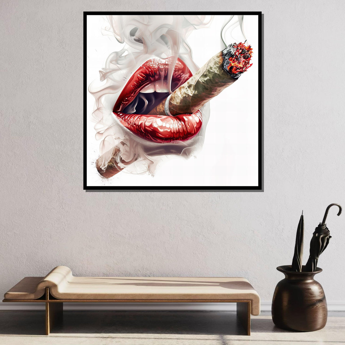 Sensual Lips and Cigar Canvas Art, Erotic Smoke Wall Decor, Bold Sexy Art Print, Red Lips Smoking Poster, Modern Seductive Artwork