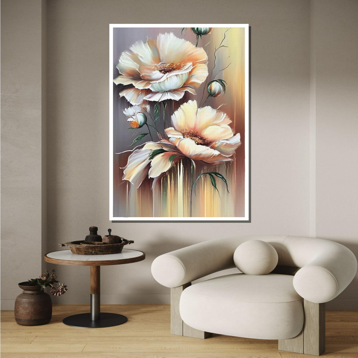Soft Pastel Floral Canvas Art, Elegant Flower Painting, Neutral Botanical Wall Decor, Delicate Bloom Artwork, Vintage-Inspired Floral Print