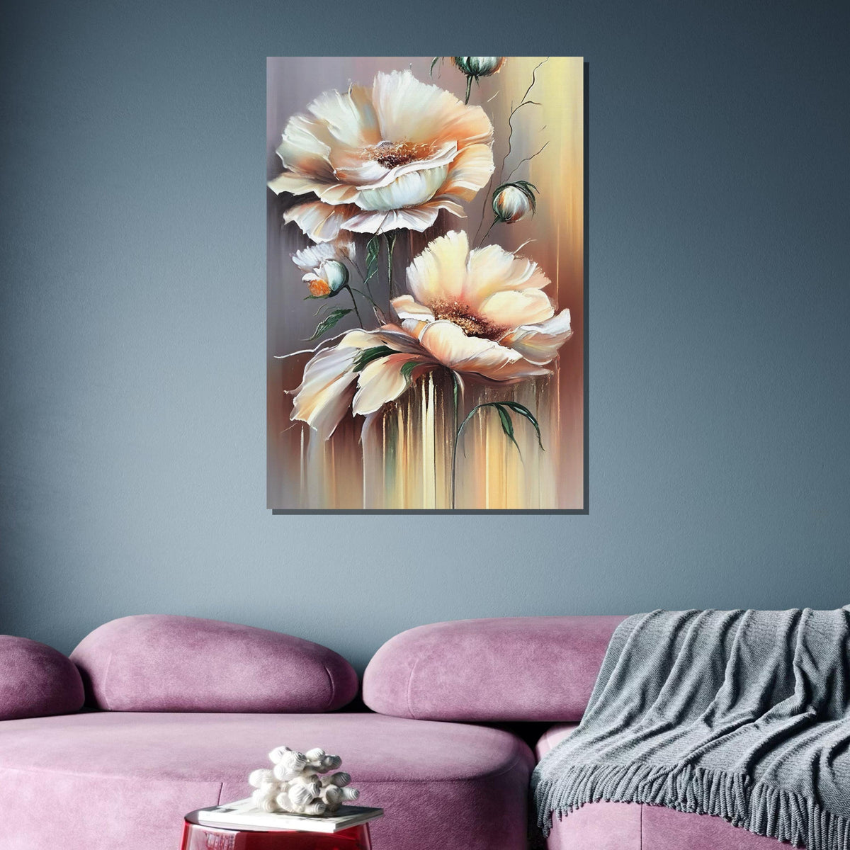 Soft Pastel Floral Canvas Art, Elegant Flower Painting, Neutral Botanical Wall Decor, Delicate Bloom Artwork, Vintage-Inspired Floral Print