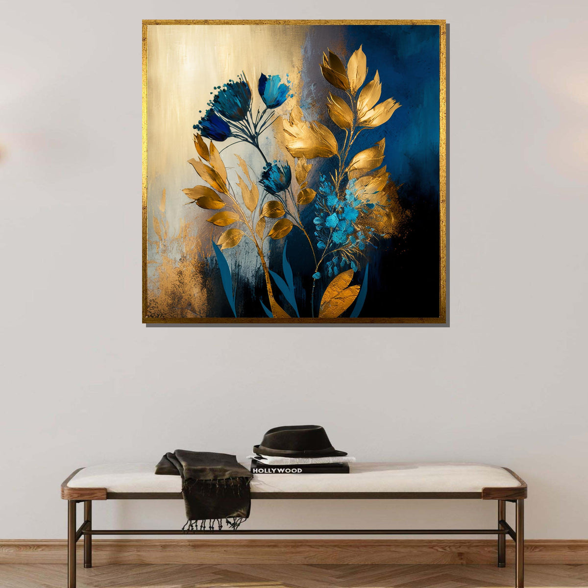 Luxurious Gold and Blue Floral Canvas Art, Elegant Botanical Wall Decor, Metallic Bloom Painting, Modern Glam Flower Art, Floral Print