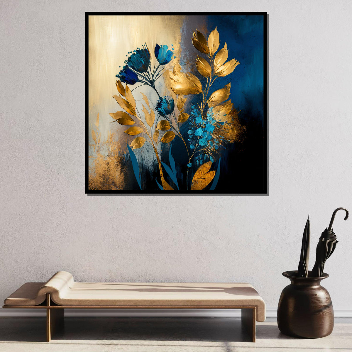 Luxurious Gold and Blue Floral Canvas Art, Elegant Botanical Wall Decor, Metallic Bloom Painting, Modern Glam Flower Art, Floral Print
