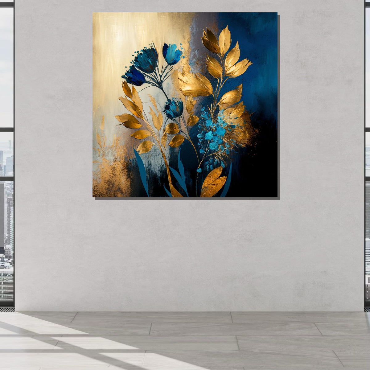 Luxurious Gold and Blue Floral Canvas Art, Elegant Botanical Wall Decor, Metallic Bloom Painting, Modern Glam Flower Art, Floral Print