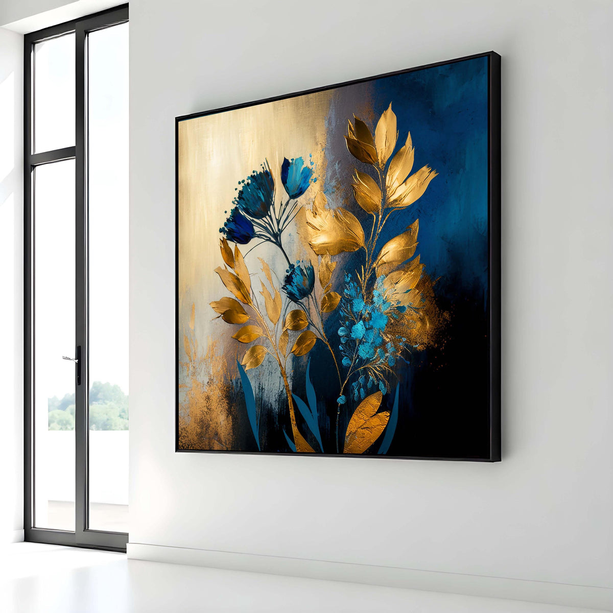 Luxurious Gold and Blue Floral Canvas Art, Elegant Botanical Wall Decor, Metallic Bloom Painting, Modern Glam Flower Art, Floral Print