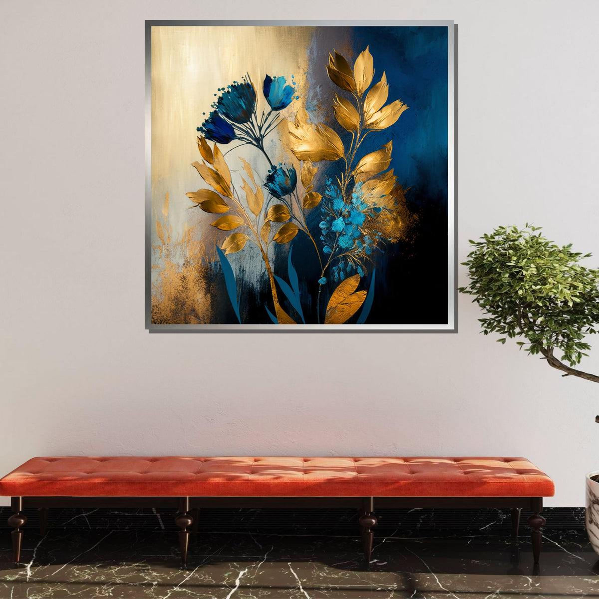 Luxurious Gold and Blue Floral Canvas Art, Elegant Botanical Wall Decor, Metallic Bloom Painting, Modern Glam Flower Art, Floral Print