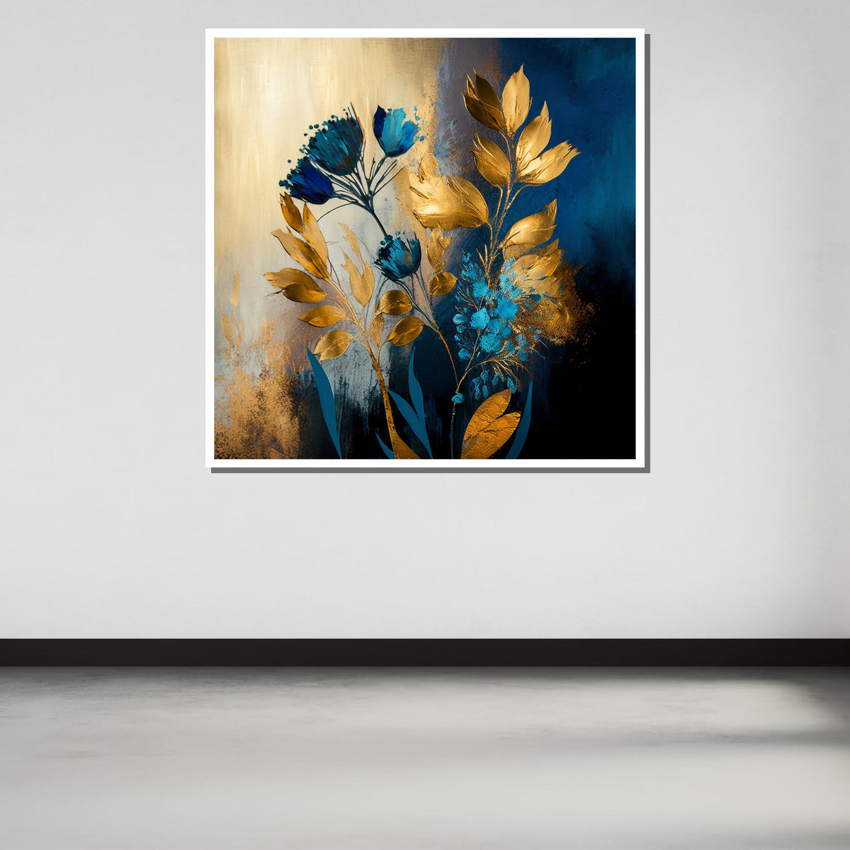 Luxurious Gold and Blue Floral Canvas Art, Elegant Botanical Wall Decor, Metallic Bloom Painting, Modern Glam Flower Art, Floral Print