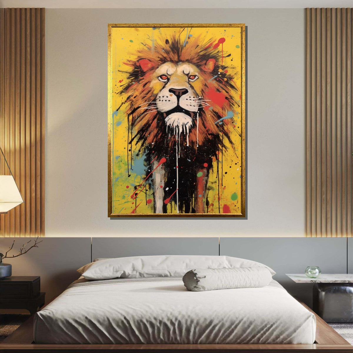 Fierce Lion Canvas Art, Colorful Abstract Animal Painting, Bold Safari Wall Decor, Splatter Art Lion Portrait, Vibrant Wildlife Print