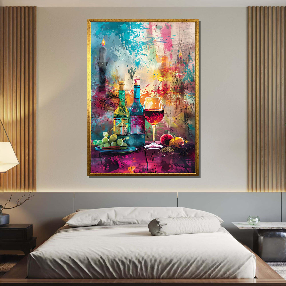 Vibrant Wine and Grapes Art, Abstract Wine Bottle Canvas, Colorful Wine Glass Painting, Wine Lover’s Wall Art, Large Wall Art