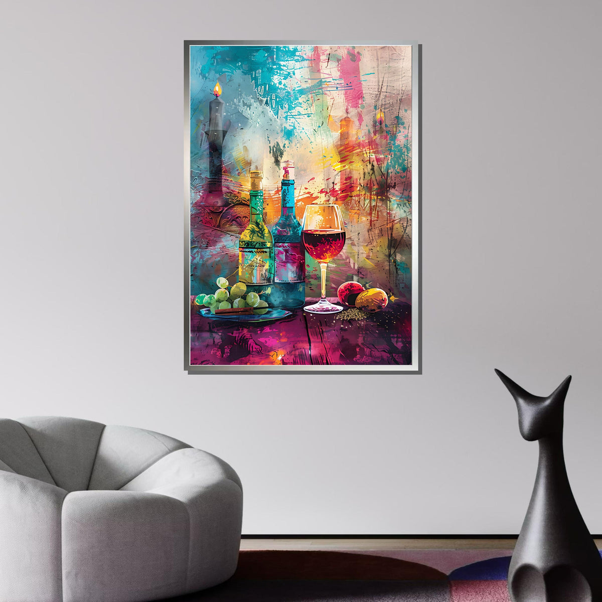Vibrant Wine and Grapes Art, Abstract Wine Bottle Canvas, Colorful Wine Glass Painting, Wine Lover’s Wall Art, Large Wall Art
