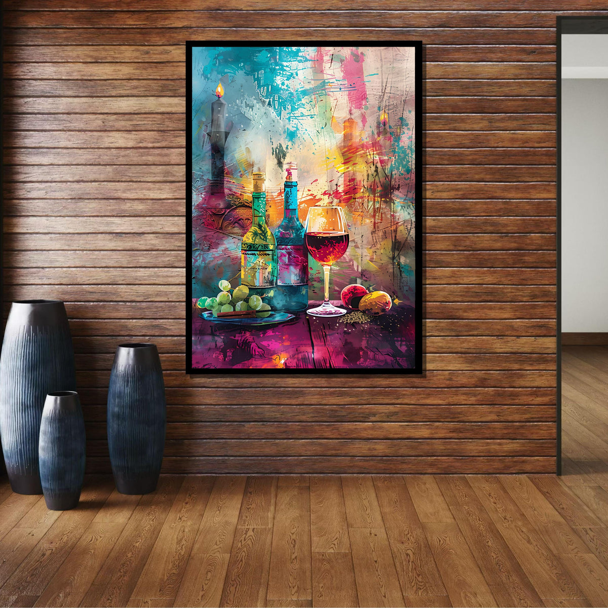 Vibrant Wine and Grapes Art, Abstract Wine Bottle Canvas, Colorful Wine Glass Painting, Wine Lover’s Wall Art, Large Wall Art