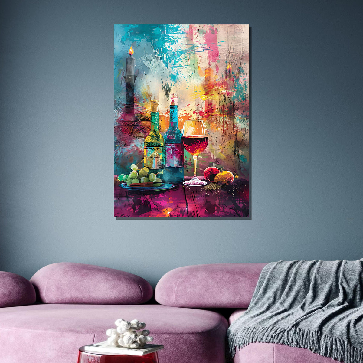 Vibrant Wine and Grapes Art, Abstract Wine Bottle Canvas, Colorful Wine Glass Painting, Wine Lover’s Wall Art, Large Wall Art