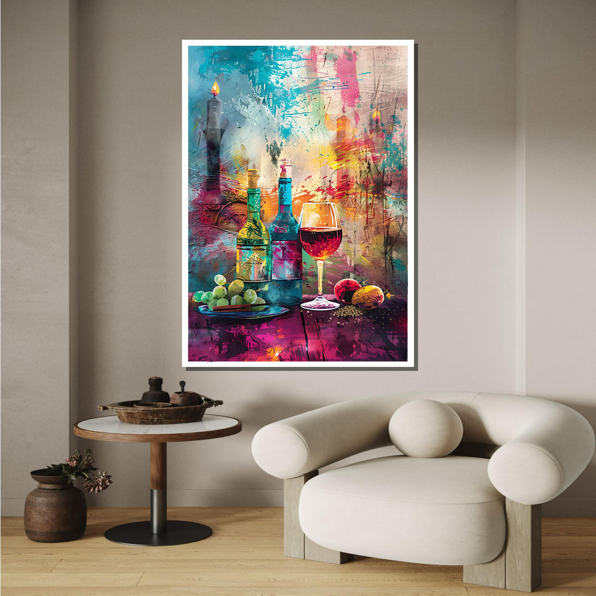 Vibrant Wine and Grapes Art, Abstract Wine Bottle Canvas, Colorful Wine Glass Painting, Wine Lover’s Wall Art, Large Wall Art