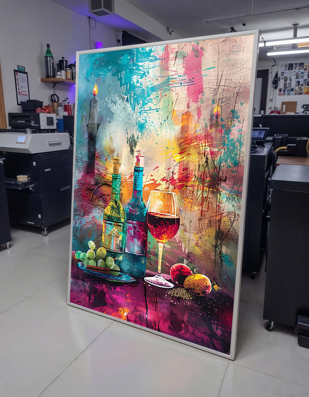 Vibrant Wine and Grapes Art, Abstract Wine Bottle Canvas, Colorful Wine Glass Painting, Wine Lover’s Wall Art, Large Wall Art