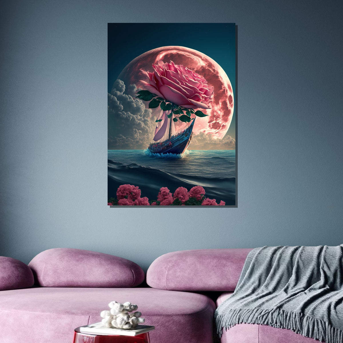 Rose Moon Voyage Art, Surreal Flower Ship Canvas, Fantasy Wall Art, Dreamlike Ocean Decor, Ship Wall Canvas, Large Wall Art