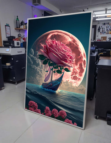 Rose Moon Voyage Art, Surreal Flower Ship Canvas, Fantasy Wall Art, Dreamlike Ocean Decor, Ship Wall Canvas, Large Wall Art
