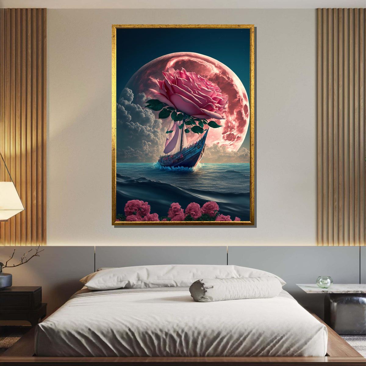 Rose Moon Voyage Art, Surreal Flower Ship Canvas, Fantasy Wall Art, Dreamlike Ocean Decor, Ship Wall Canvas, Large Wall Art