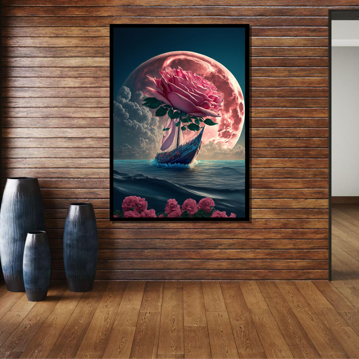 Rose Moon Voyage Art, Surreal Flower Ship Canvas, Fantasy Wall Art, Dreamlike Ocean Decor, Ship Wall Canvas, Large Wall Art