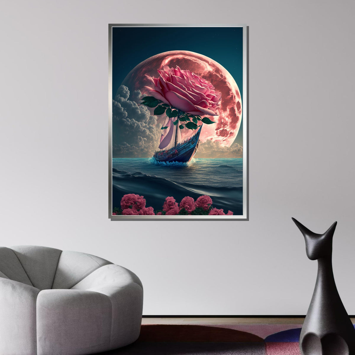 Rose Moon Voyage Art, Surreal Flower Ship Canvas, Fantasy Wall Art, Dreamlike Ocean Decor, Ship Wall Canvas, Large Wall Art