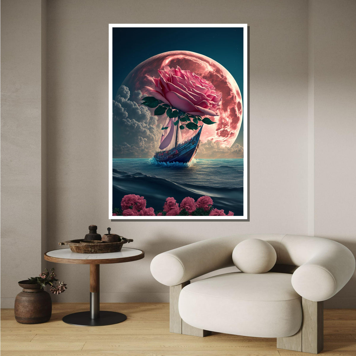 Rose Moon Voyage Art, Surreal Flower Ship Canvas, Fantasy Wall Art, Dreamlike Ocean Decor, Ship Wall Canvas, Large Wall Art