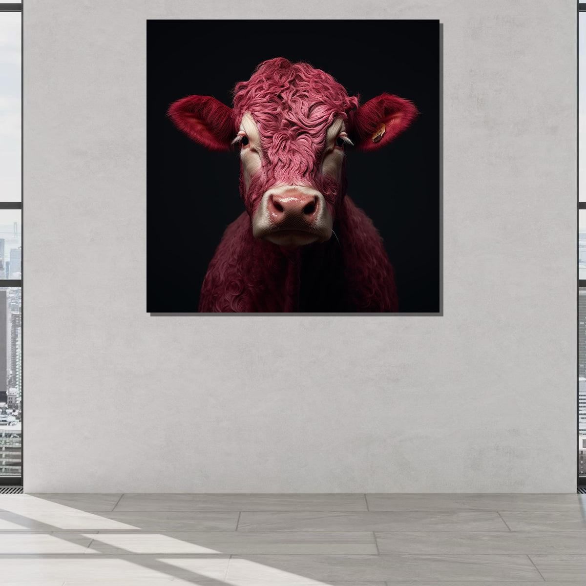 Pink Cow Portrait, Unique Animal Art, Modern Farmhouse Canvas, Quirky Animal Wall Art, Ready to Hang Decor, Large Wall Art