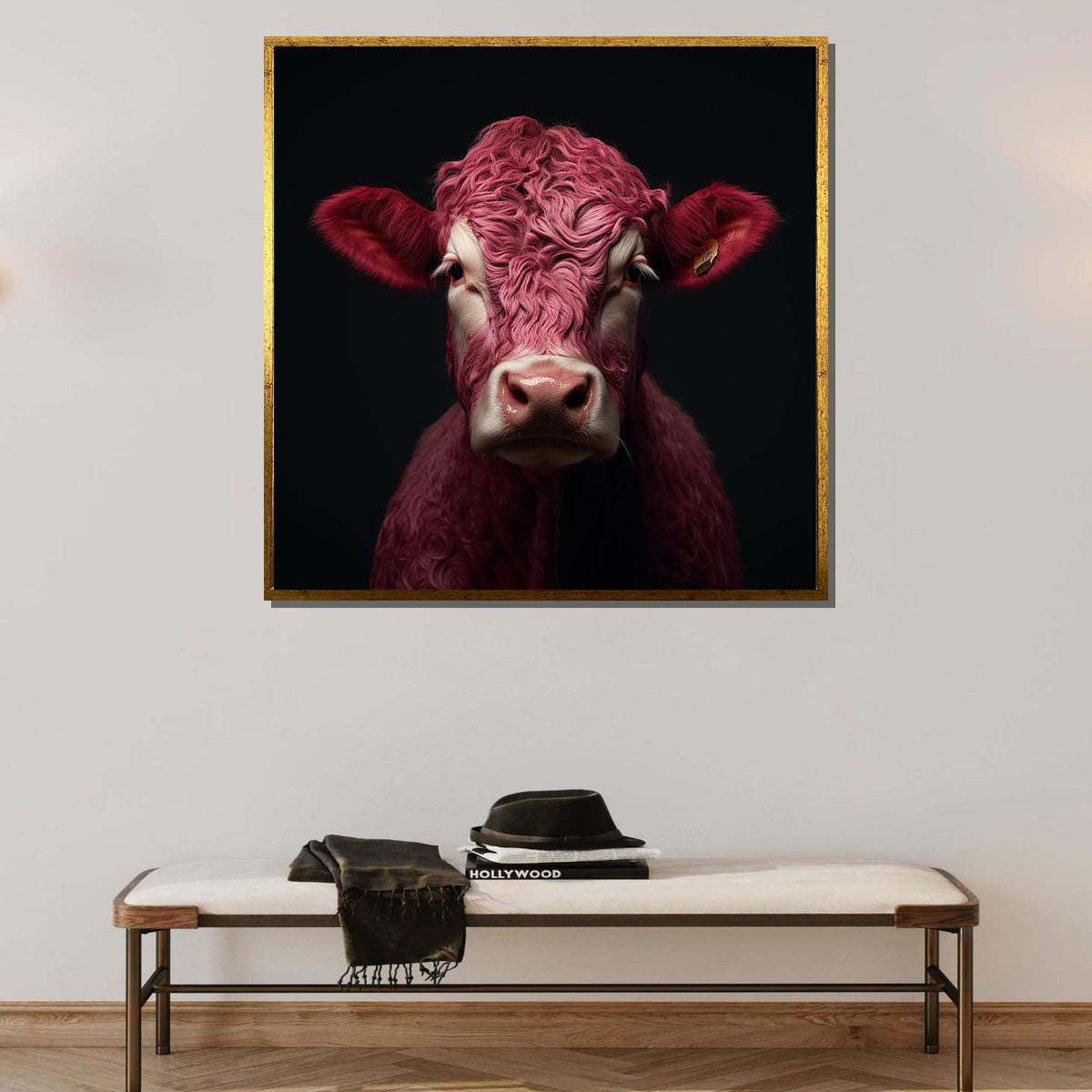Pink Cow Portrait, Unique Animal Art, Modern Farmhouse Canvas, Quirky Animal Wall Art, Ready to Hang Decor, Large Wall Art