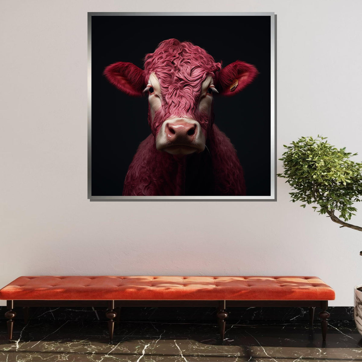 Pink Cow Portrait, Unique Animal Art, Modern Farmhouse Canvas, Quirky Animal Wall Art, Ready to Hang Decor, Large Wall Art