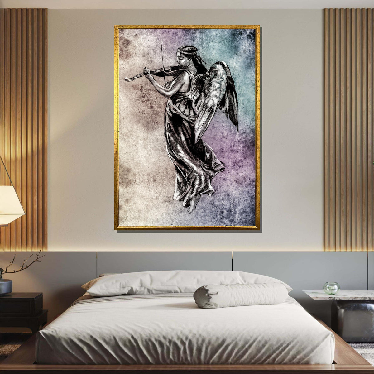Angelic Violinist Canvas, Musical Angel Wall Art, Vintage Angel Playing Violin Print, Ethereal Music Decor, Ready to Hang Art