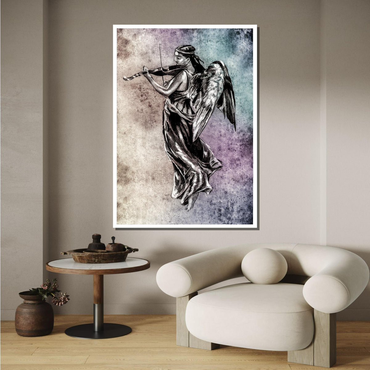 Angelic Violinist Canvas, Musical Angel Wall Art, Vintage Angel Playing Violin Print, Ethereal Music Decor, Ready to Hang Art