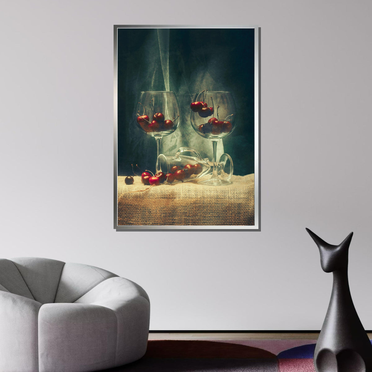 Vintage Cherry Still Life Canvas, Rustic Fruit and Wine Glass Art, Classic Kitchen Decor, Elegant Cherry Wall Art, Wine Lover’s Wall Art