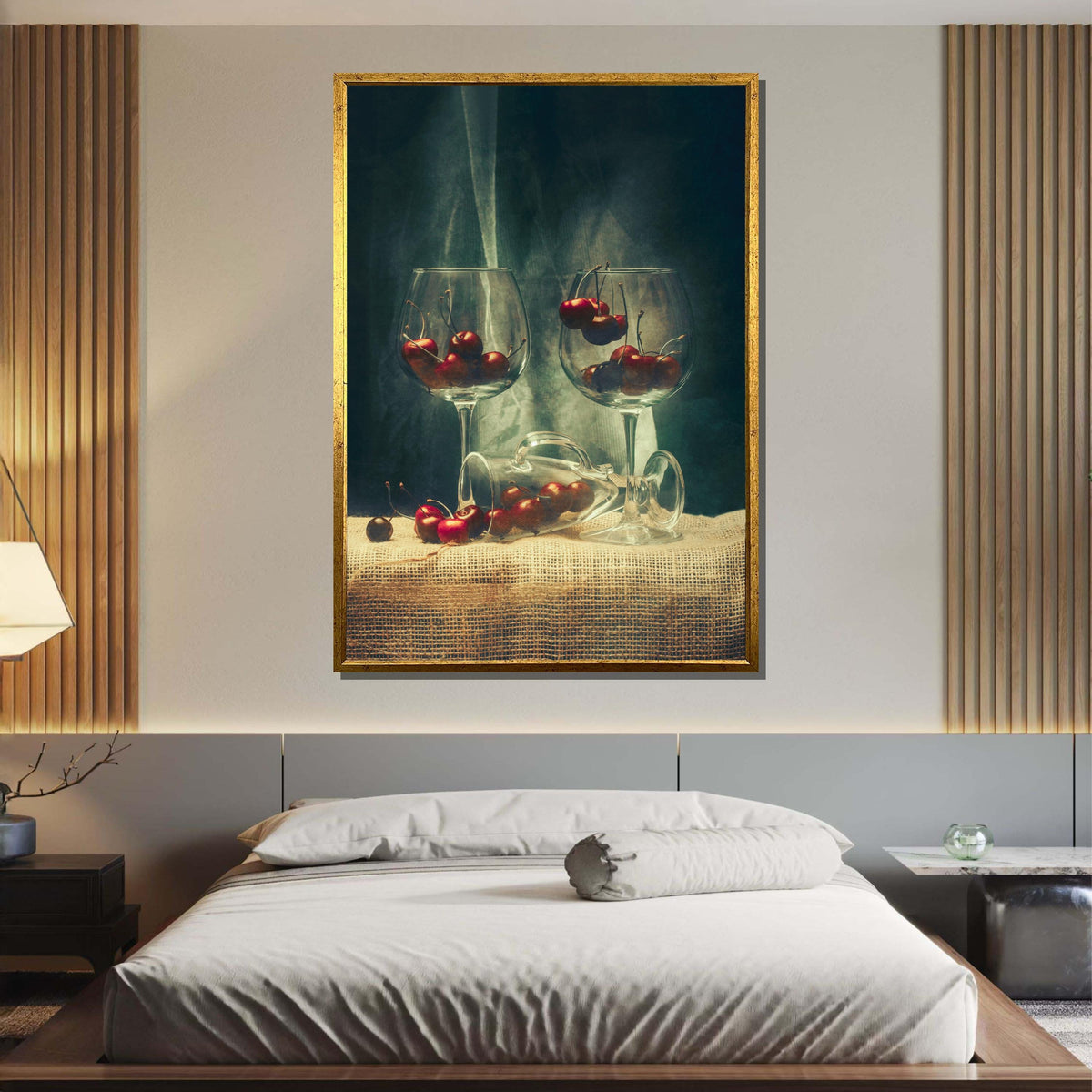 Vintage Cherry Still Life Canvas, Rustic Fruit and Wine Glass Art, Classic Kitchen Decor, Elegant Cherry Wall Art, Wine Lover’s Wall Art
