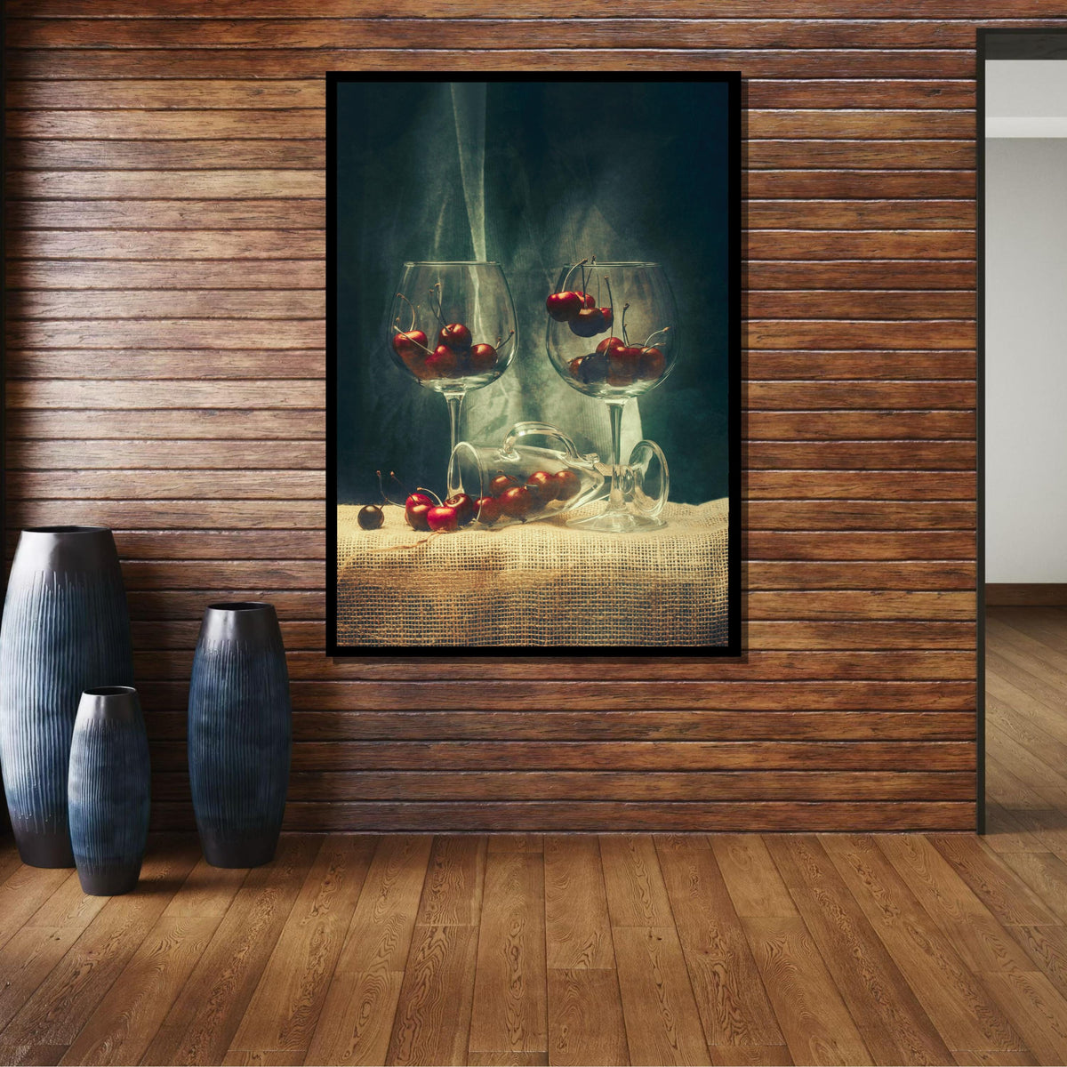 Vintage Cherry Still Life Canvas, Rustic Fruit and Wine Glass Art, Classic Kitchen Decor, Elegant Cherry Wall Art, Wine Lover’s Wall Art