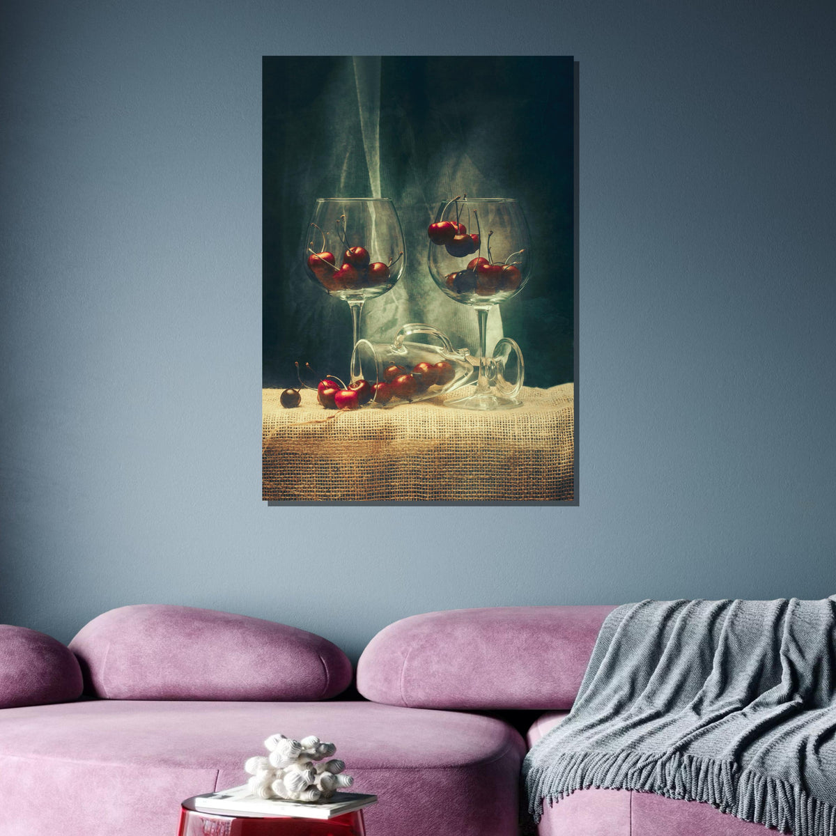 Vintage Cherry Still Life Canvas, Rustic Fruit and Wine Glass Art, Classic Kitchen Decor, Elegant Cherry Wall Art, Wine Lover’s Wall Art
