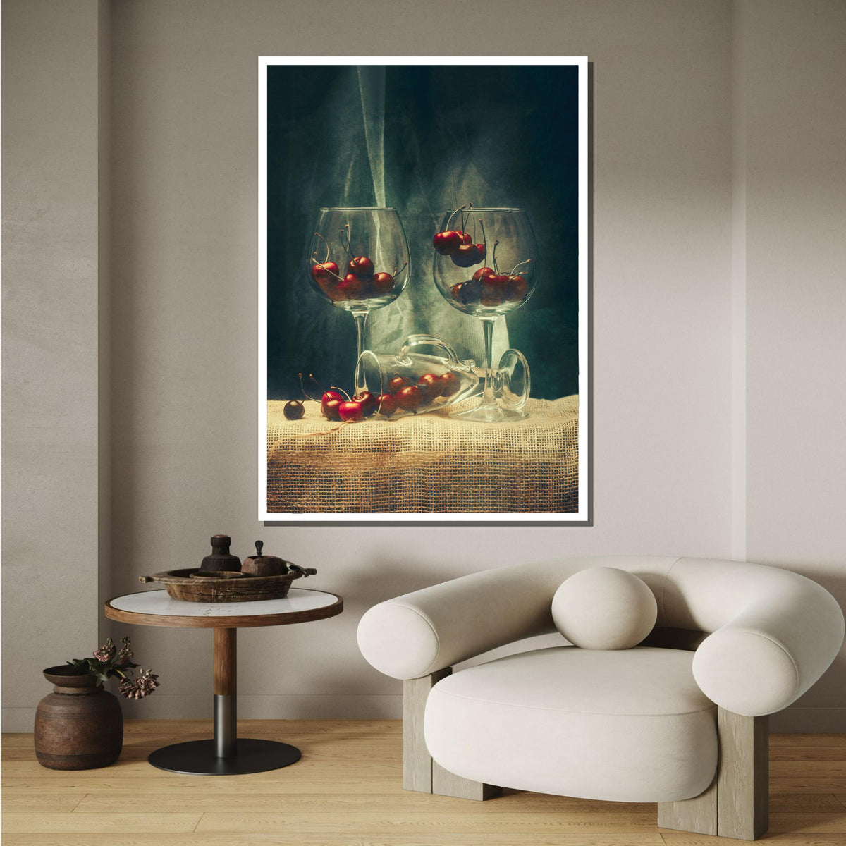Vintage Cherry Still Life Canvas, Rustic Fruit and Wine Glass Art, Classic Kitchen Decor, Elegant Cherry Wall Art, Wine Lover’s Wall Art