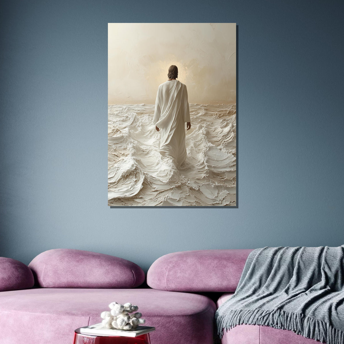 Journey of Light Canvas Art, Jesus Walking on Waves, Divine Christian Wall Decor, Spiritual and Peaceful Artwork, Ready to Hang