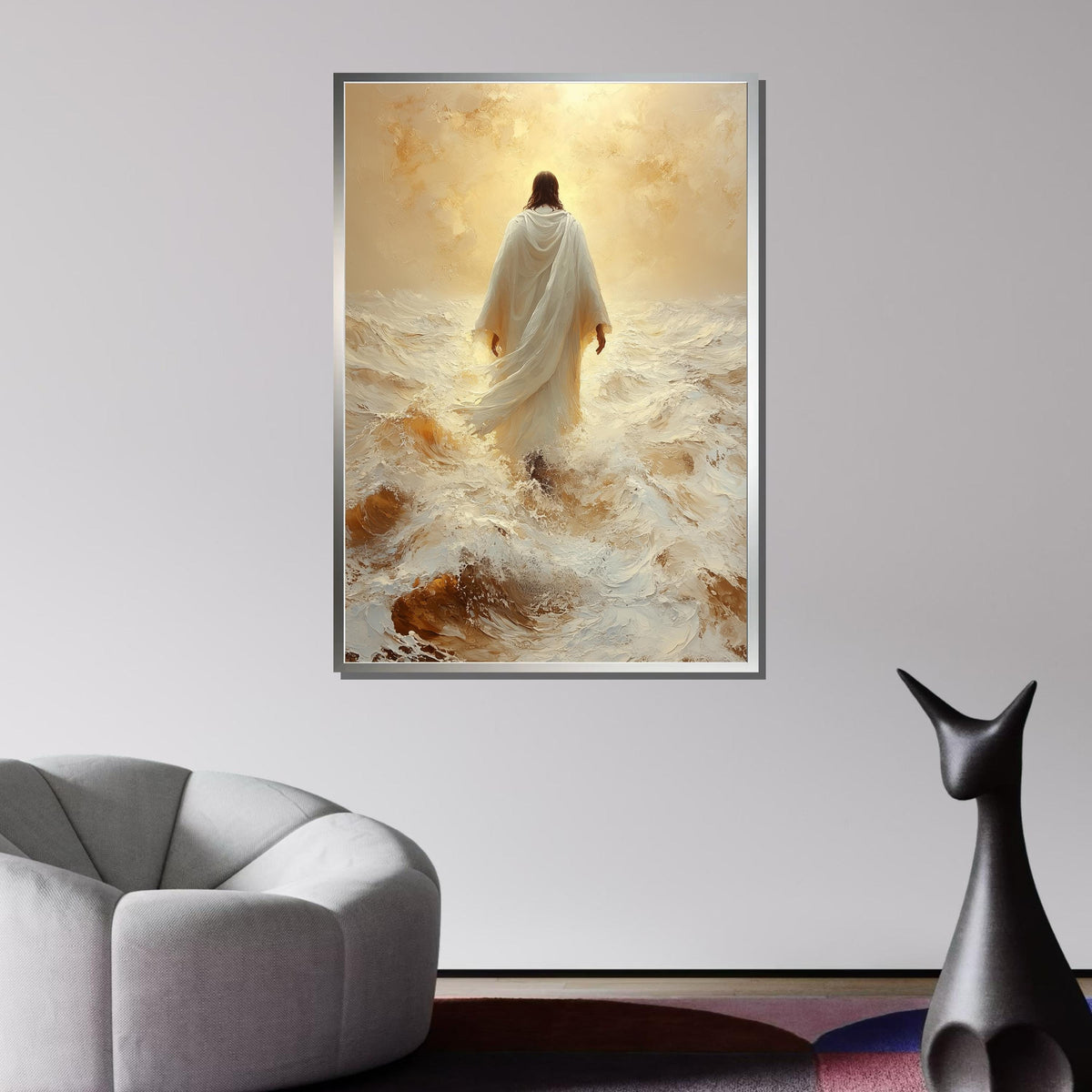 Path of Faith Canvas Art, Jesus Walking Through Waves, Christian Spiritual Wall Decor, Divine Peace Artwork, Ready to Hang