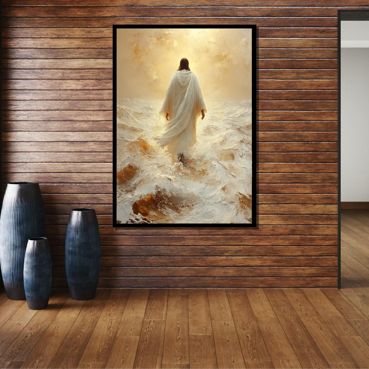 Path of Faith Canvas Art, Jesus Walking Through Waves, Christian Spiritual Wall Decor, Divine Peace Artwork, Ready to Hang