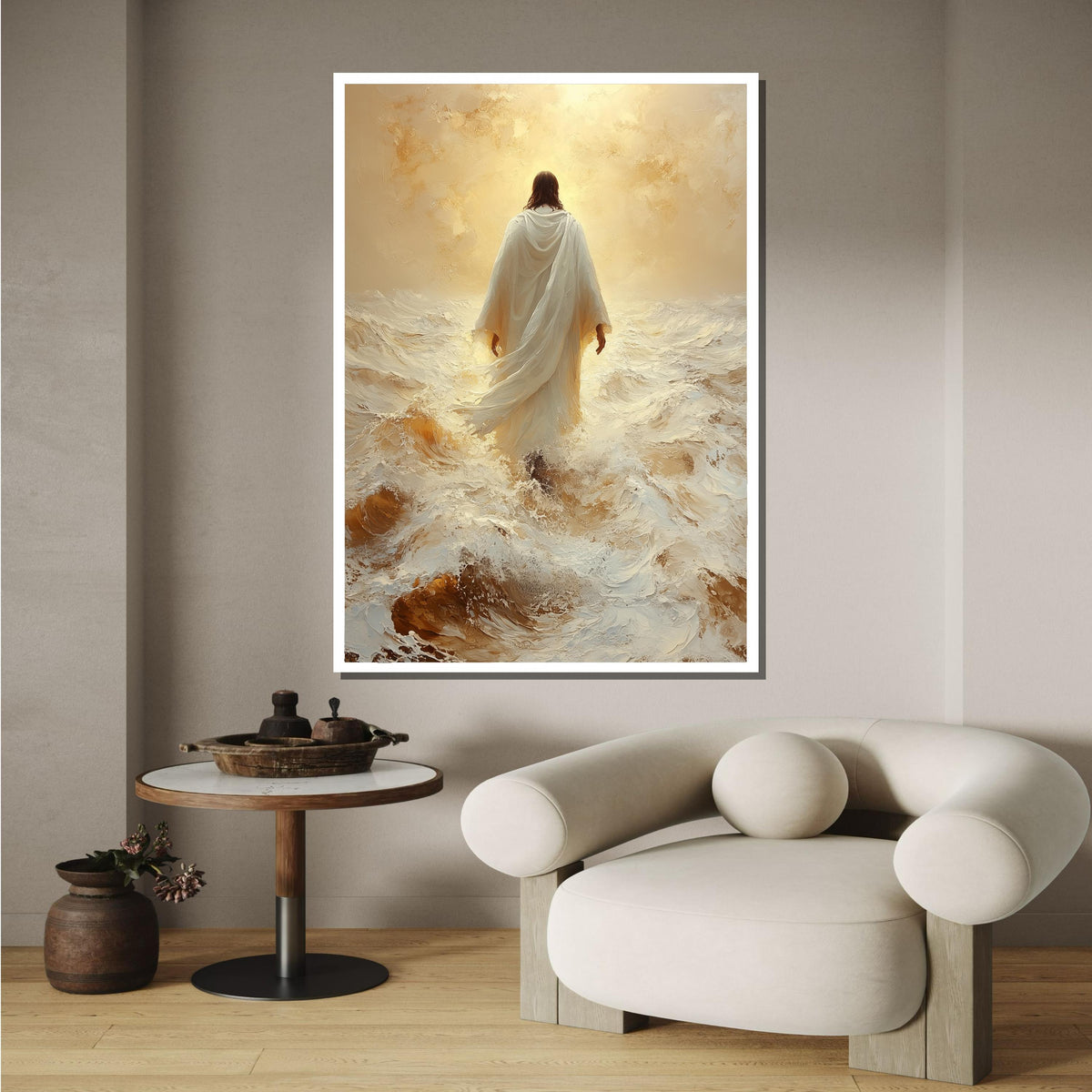 Path of Faith Canvas Art, Jesus Walking Through Waves, Christian Spiritual Wall Decor, Divine Peace Artwork, Ready to Hang